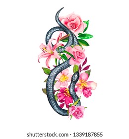 Print Poster Art Snake With Pink Flowers Roses Watercolor Illustration.