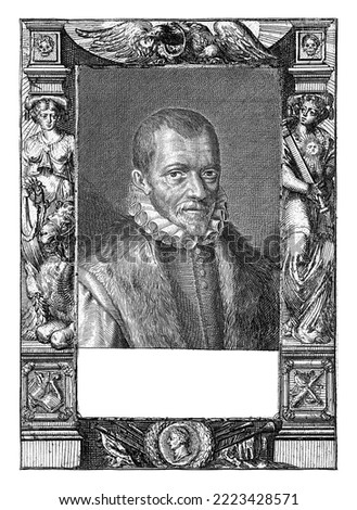 Print printed from two plates. Bust of Franciscus Junius, with an eight-line poem in Dutch by Geeraert Brandt. Frame with allegorical figures and symbols. Zdjęcia stock © 