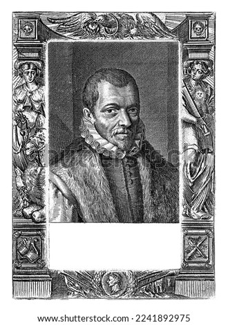 Print printed from two plates. Bust of Franciscus Junius, with an eight-line poem in Dutch by Geeraert Brandt. Frame with allegorical figures and symbols. Zdjęcia stock © 