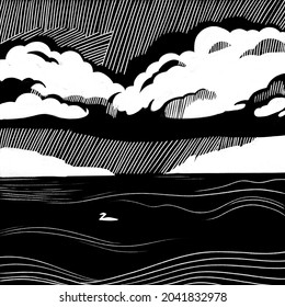 Print For Printing. Freehand Drawing. Black And White Illustration For Textiles, Went To The Phone. Dark River And Big Thunderclouds, A Bird Is Floating On The River. Linocut, Picture, Poster