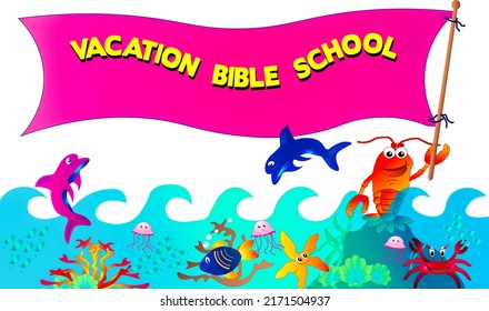 Print Vacation Bible School Graphic Banner With Fun Sea Critters Advertising Event