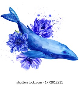Print whale and anemone. Watercolor illustration. Composition of a marine animal on a white background.