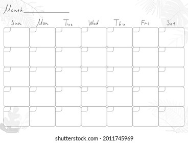 Printable A4 paper sheet with monthly planner blank to fill on background with tropical leaves. Minimalist planner for bullet journal page, habit tracker, daily planner template, blank for notebook.  - Powered by Shutterstock