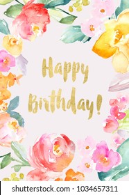 Printable Colorful Flowers Happy Birthday Card With Gold Foil Text