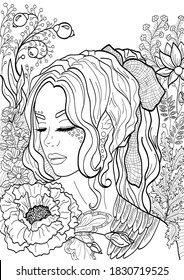 Printable Colouring Page Lineart Girl Flowers Stock Illustration ...