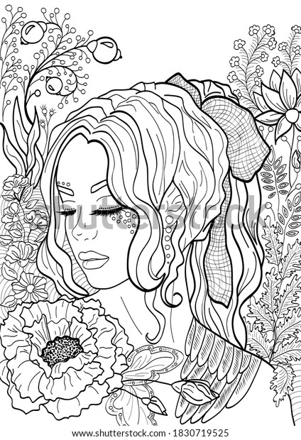 Printable Colouring Page Lineart Girl Flowers Stock Illustration ...