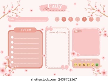 Printable Daily Planner with To Do List, Quotes of the Day, Notes and Mood Tracker. Pink Sakura Themed Daily Planner in Landscape A4 Size - Powered by Shutterstock