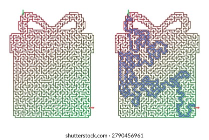 A printable maze puzzle in the shape of a gift box with a bow, presented both unsolved and solved. The maze outline forms a square present topped with a bow, utilizing a gradient line from red at the top left to green at the bottom right. The left image is the empty maze with a green entry arrow at the top left of the bow and a red exit arrow at the bottom right. The right image shows the solved puzzle with a blue line tracing the path. The graphic is isolated on a transparent checkerboard background, ideal for children's holiday activities and educational worksheets.