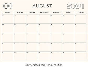 Printable Monthly Calendar Template for August 2024. Wall Calendar in a Minimalist Style. Week Starts on Sunday. Planner for 2024 year. - Powered by Shutterstock