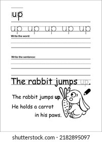 Printable Preschool Educational Pages.Worksheets For Kids,Teachers.Dotted Tracing Word Up Writing Practice Worksheet.Kindergarten English.Childrens Daycare.Write The Word,sentence.Rabbit With Carrot.