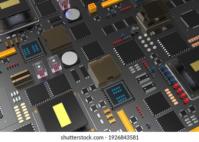 printed circuit board with microchips, processors and other computer parts. 3D render on the topic of technology and large computing power