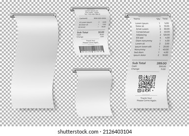 Printed Sale Receipt. Restaurant Bill, Isolated Atm Paper Check. Blank Cashier Receipts Mockup, Shop Or Supermarket Invoice Template