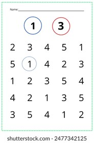 A printed sheet of a workbook with numbers. Logical work in mathematics.  Vector illustration.