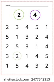 A printed sheet of a workbook with numbers. Logical work in mathematics.  Vector illustration.
