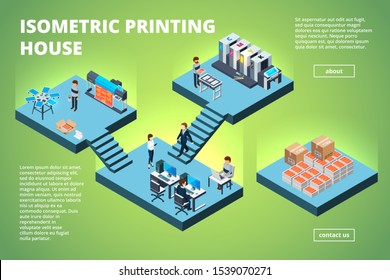 Printing House Building. Industrial Print Production Office Interior Inkjet Offset Publishing Machines Copier Printer Isometric