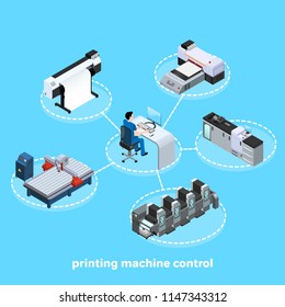 Printing Machine Control, Professional Equipment For  Printing In The Field Of Advertising, Offset And Digital As Well As Inkjet And Ultraviolet Printing, Workers Are Servicing Machines In Production,