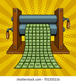 Printing Machine Prints Money Pop Art Style Raster Illustration. Comic Book Style Imitation