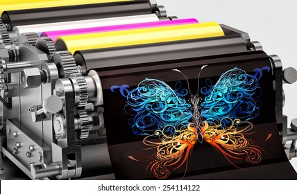 printing machine showing an abstract butterfly print