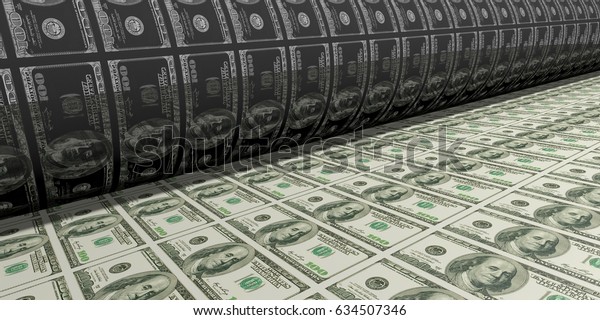 Printing Money. Metal press. 100 Dollar Bills\
closeup. 3D\
Rendering