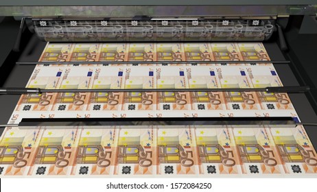 Printing Money. Metal Press. 50 Euro Bills Closeup. 3D Rendering.