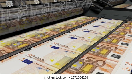 Printing Money. Metal Press. 50 Euro Bills Closeup. 3D Rendering.