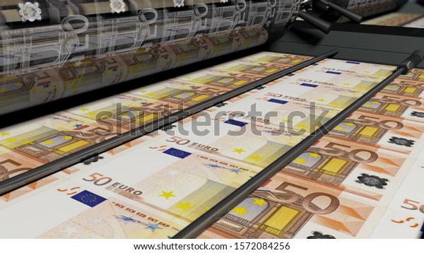 Printing Money. Metal press. 50 euro Bills\
closeup. 3D\
Rendering.