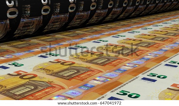 Printing Money. Metal press. 50 euro Bills\
closeup. 3D\
Rendering