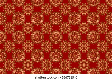 For printing on fabric, scrapbooking, gift wrapping. Raster seamless vintage pattern in gold on red background.
