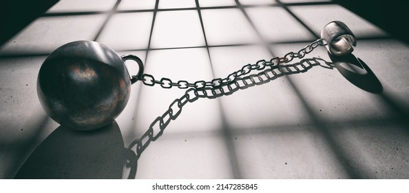 Prison Ball And Chain, Open Shackle Close Up View. Jail Bar Shadow On Dungeon Floor, Dark Background. Incarceration And Escape Concept. 3d Render
