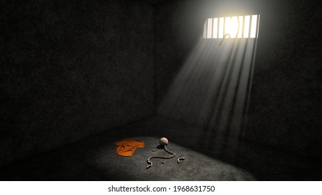 Prison With Broken Prison Bars After Prisoner Escape And Leaves Prison Uniform, Ball And Chain In Prison Room. Jailbreak Or Escape Illustration Concept. 3D Rendering