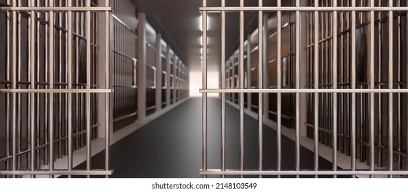 Prison Building Corridor, Jail Cell And Open Metal Bars Door, Empty Dark Facility Hall Interior. Conviction And Incarceration Concept, 3d Render