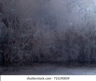 Prison Cell Or Basement Grunge Room Background. Empty Abandoned Dark Place. Rough Scratched Cement Wall. Old Dirty Concrete Floor. Dark Grey Distressed Texture 3d Illustration.