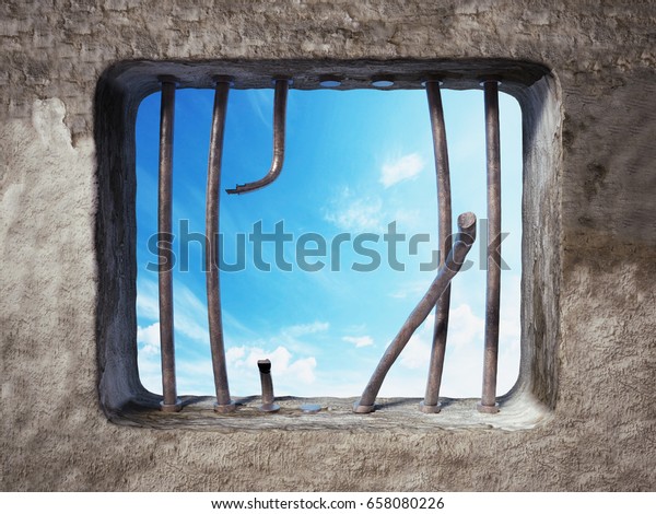 窓の上に壊れた刑務所の監獄 3dイラスト のイラスト素材