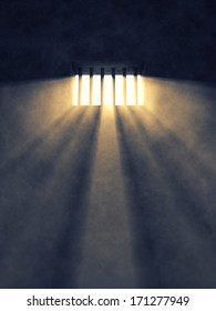 Prison cell interior , sunrays coming through a barred window , Jail