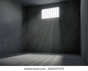 prison cell with light shining through a barred window, 3d rendering