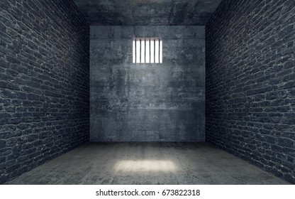Prison cell with light shining through a barred window 3D Rendering, 3D Illustration