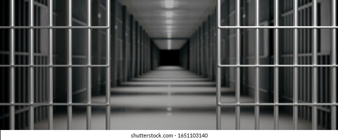Prison interior. Jail bars open, empty corridor, cells, dark background. Escape, freedom concept, 3d illustration