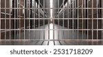 Prison interior. Jail cells, corridor and security metal bars. 3d illustration