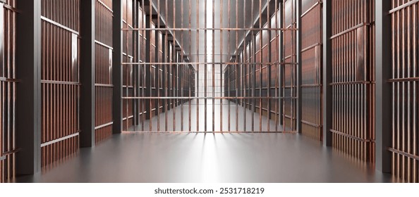 Prison interior. Jail cells, corridor and security metal bars. 3d illustration