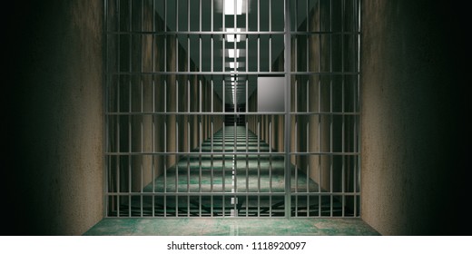 Prison interior. Jail cells and shadows, dark background. 3d illustration