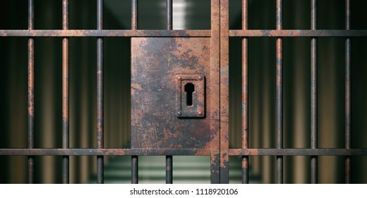 Prison interior. Locked rusty door closeup, dark jail background. 3d illustration
