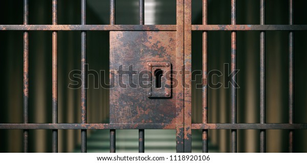刑務所の内部 暗い牢獄の背景に さびた鍵のあるドアの接写 3dイラスト のイラスト素材