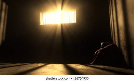 Prisoner in Bad Condition in Demolished Solitary Confinement under Lightrays 3D Illustration
