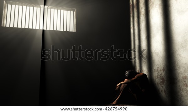 Prisoner in Bad Condition in Demolished\
Solitary Confinement under Lightrays 3D\
Illustration