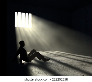 prisoner in dark room with light beams 