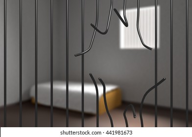 Prisoner escaped from prison. Bent bars in jail. 3D rendered illustration.