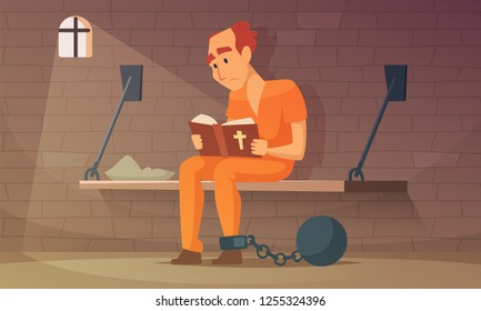 Prisoner Sitting In Cell And Reading Bible