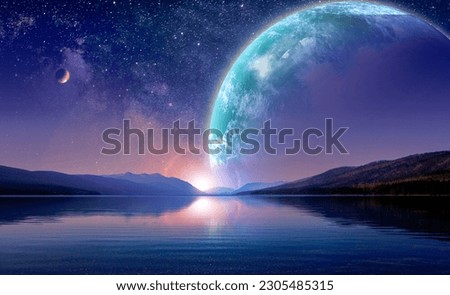 a pristine and reflective lake show an image of a starry night sky accompanied by giant alien planets during sunset, amazing space wallpaper for desktop, fantasy landscape digital art, 3d illustration Foto stock © 