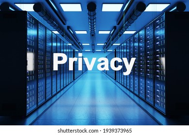 privacy logo in large modern data center with rows of network internet server racks, 3D Illustration