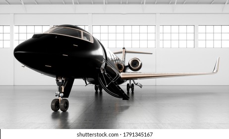 Private Business Jet Parked At White  Luminous Maintenance Hangar And Ready For Take Off. Luxury Tourism And Business Travel Transportation Concept. Black Airplane With Golden Elements. 3d Render